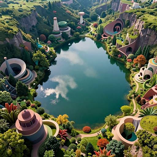 CGI fantasy landscape: vibrant, futuristic city with circular structures, lush greenery, and a reflective blue lake, surrounded by colorful plants.