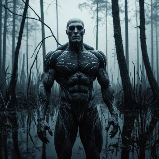 Nightmarish Muscular Being in Misty Swamp