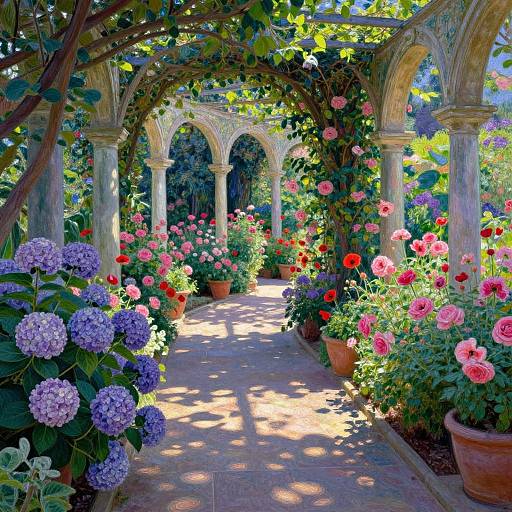 Colorful garden pathway under a stone archway adorned with blooming roses, hydrangeas, and ivy, dappled sunlight filtering through the