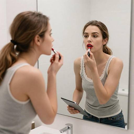 Woman Applying Lipstick in Bathroom