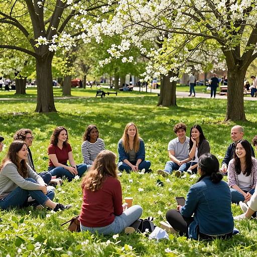 Photograph of a diverse group of young adults sitting on lush green grass in a sunny park, surrounded by blooming trees, laughing and chatting.