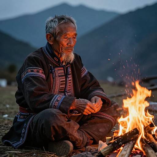 Qiang Elder by Mountain Firelight
