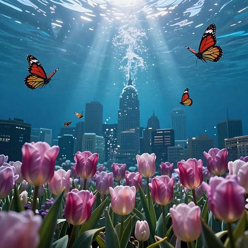 Underwater photograph of pink tulips, vibrant orange butterflies, and a city skyline with sunlight rays penetrating the water's surface.