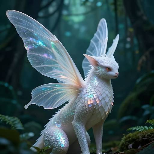 Photorealistic digital art of a white, iridescent fairy-like creature with delicate, translucent wings, standing in a mystical forest.