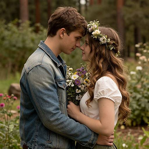 Photograph of a young couple in a forest, sharing a tender gaze. She wears a white dress and flower crown, holding a bouquet, while he