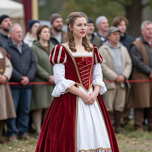 Photograph of a young woman in a Renaissance-style red velvet dress with white lace and gold trim, standing in front of a blurred crowd in medieval clothing