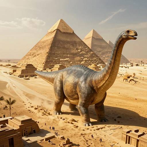 Photorealistic CGI: A large, blue-scaled, dinosaur with a long neck stands in front of three pyramids in a sunlit, ancient