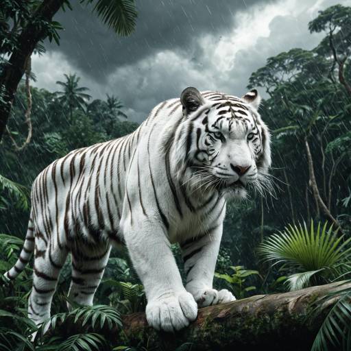 White Tiger in Stormy Tropical Jungle