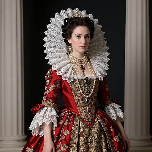 Photorealistic portrait of a regal woman in a red and gold Renaissance-style dress with intricate lace collar and pearl jewelry, set against a dark background