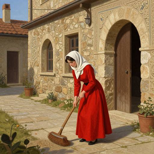 Photorealistic digital image of a woman in a red dress and white headscarf sweeping the stone-paved courtyard of a rustic, medieval-style house