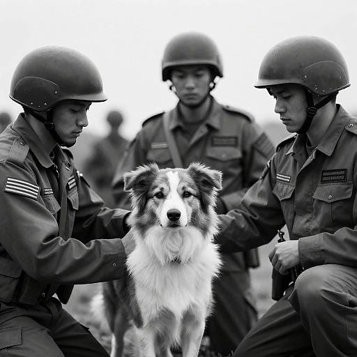 Soldiers and a Dog in Black and White
