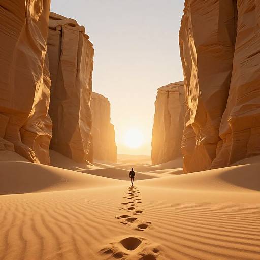 Photograph of a solitary figure in a desert canyon, casting footprints in rippled sand, with towering orange rock walls and a bright, setting sun