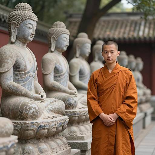 Serene Monk Amidst Ancient Buddha Statues