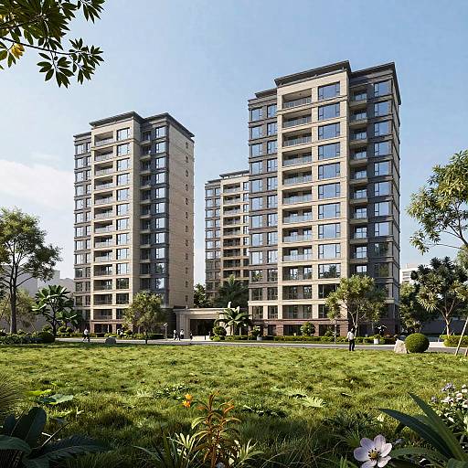 Photograph of two modern, tall apartment buildings with beige and gray facades, large windows, and green lawn in front. Clear blue sky above.