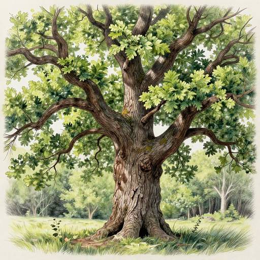 Digital drawing of a large, intricately branched tree with green leaves, textured bark, and a grassy background, bathed in sunlight.