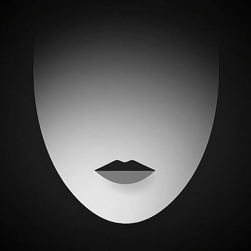 Minimalistic digital art: a gradient white to black face with small, dark lips centered, creating a mysterious, shadowy effect.