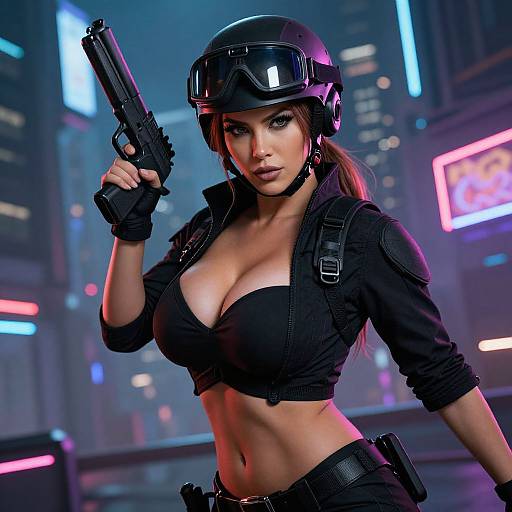 Digital artwork: Confident, busty woman with large breasts, wearing a black helmet, crop top, and gloves, holds a gun in a neon-l