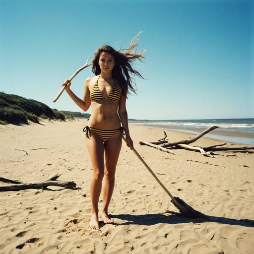 Young Woman in Striped Bikini on Sandy Beach