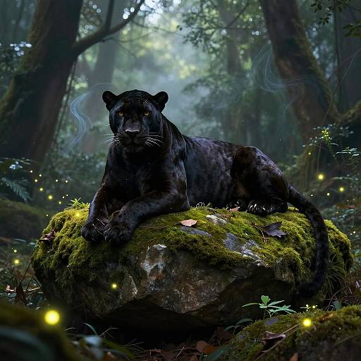 Digital painting of a black panther resting on a moss-covered rock in a mystical forest, surrounded by glowing fireflies.
