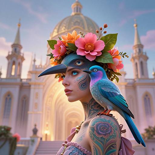 Digital art of a tattooed woman with blue bird helmet, flower crown, and tattoos, standing in front of a sunlit cathedral.