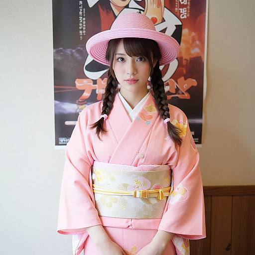 Photograph of a young Asian woman in a pink kimono and matching hat, with braided hair, standing in front of a Japanese movie poster.