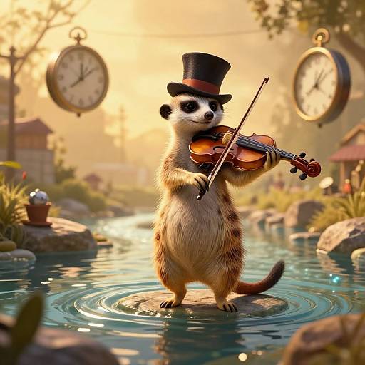 CGI image of a meerkat in a top hat playing a violin, standing in a sunlit, serene garden pond with clocks in the background