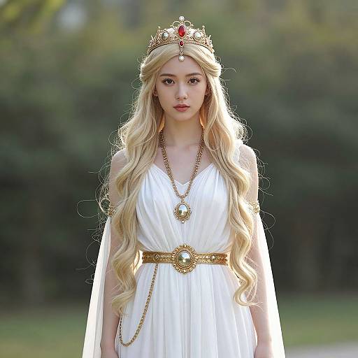 Photograph of a young woman with long, wavy blonde hair wearing a white dress, gold crown, and necklace, standing in a green, blurred