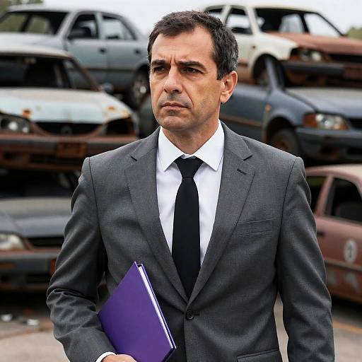 Serious Man in Gray Suit Among Rusted Cars