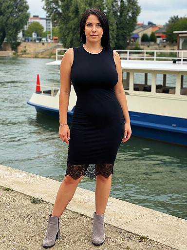 Photograph of a curvy woman with long black hair, wearing a sleeveless black lace-knit dress and gray ankle boots, standing on a rivers