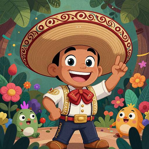 Cartoon boy in Mexican outfit, large sombrero, making a peace sign, surrounded by colorful flowers, two cute birds, and green frog.