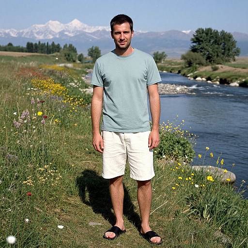 Photograph of a bearded man with short dark hair, wearing a light blue t-shirt, white shorts, and black sandals, standing on a grass