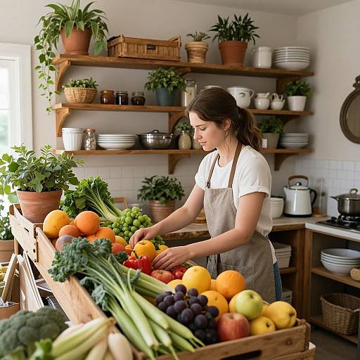 Photograph of a young woman with brown hair in a white shirt and beige apron, sorting fresh vegetables in a sunny, rustic kitchen with wooden shelves