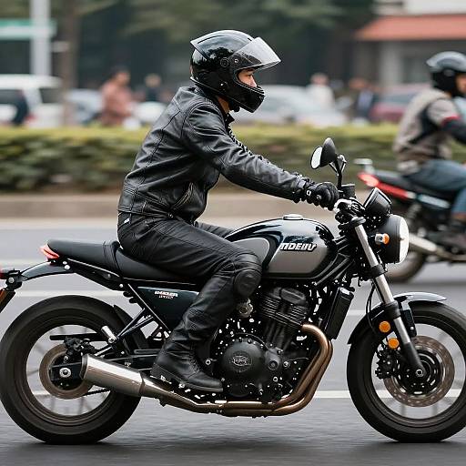 Photograph of a motorcyclist in black leather gear and helmet, riding a silver Honda motorcycle on a busy street, with blurred background and another motor