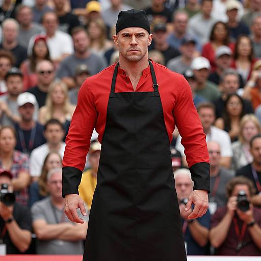Photograph of a muscular male chef with fair skin, wearing a black cap, red shirt, and black apron, standing confidently in front of a