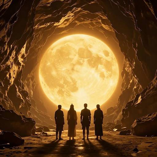 Silhouetted figures stand in a dark cave, gazing at a massive, glowing, yellow-orange sun at the cave's end. Digital art