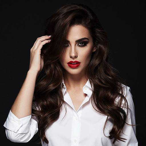 Photograph of a striking woman with long, wavy brown hair, bold red lipstick, and a white button-up shirt, against a black background,