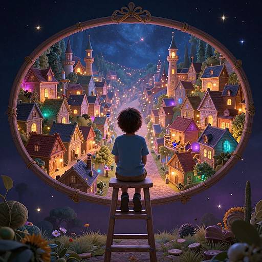 Kid on Ladder Viewing Magical Town