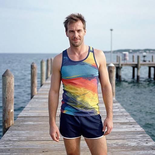 Photograph of a muscular, fair-skinned man with short, spiky brown hair, wearing a colorful tank top and black shorts, standing on a