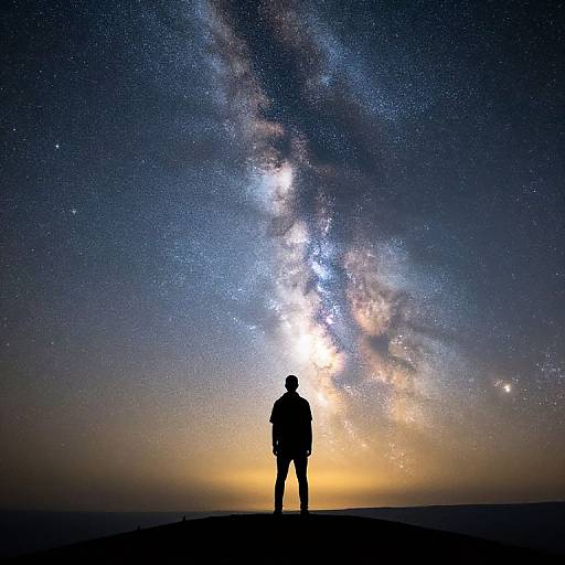 Silhouette of a person standing on a hill, gazing at the Milky Way galaxy under a starry night sky.