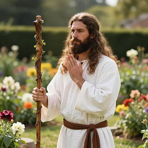 Bearded Man Praying in Sunlit Garden