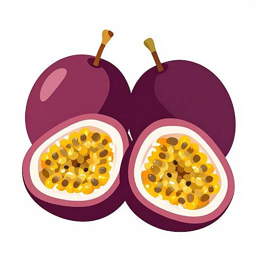 Digital illustration of two purple passion fruits, one whole and one halved, revealing bright yellow-orange seeds inside a white center.