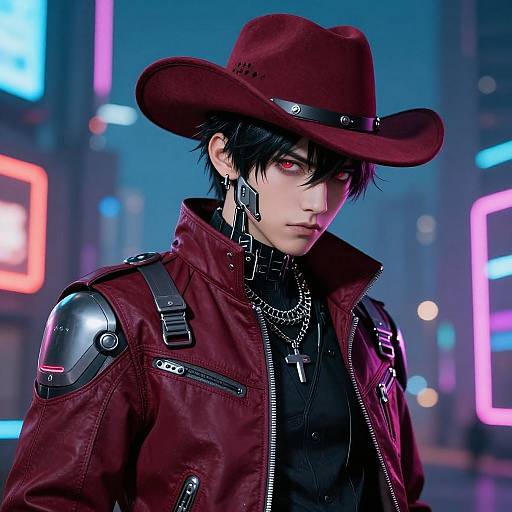 Cyberpunk anime-style digital artwork of a androgynous character with black hair, red hat, red jacket, black shirt, neon-lit