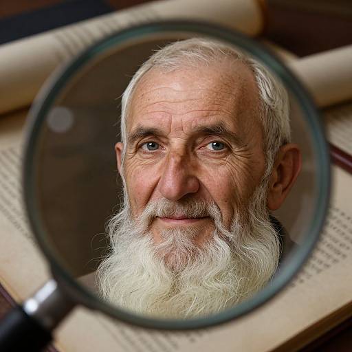 Photograph of an elderly white man with a white beard, seen through a magnifying glass on open books, smiling warmly.