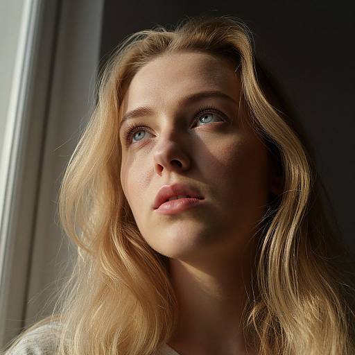 Close-up photograph of a blonde woman with blue eyes, light skin, and wavy hair, gazing upwards, illuminated by natural light.