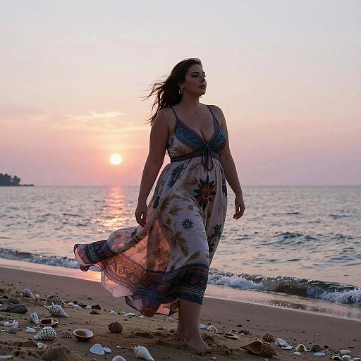 Photograph of a woman in a floral sundress walking on a beach at sunset, with seashells on the sand and the sun reflecting on the