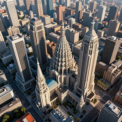 Aerial photograph of a dense cityscape featuring Gothic-style cathedral with twin spires, surrounded by modern skyscrapers, bathed in sunlight.