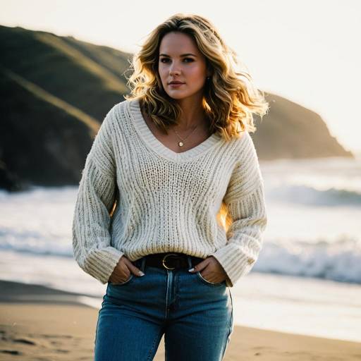 Woman in Cozy Sweater on Beach at Sunset
