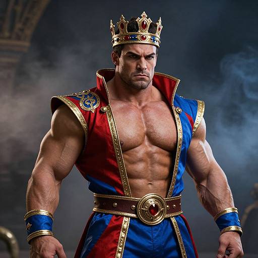 Photograph of a muscular, serious-looking man with a crown, wearing a red and blue royal robe, gold trim, and a large belt, standing