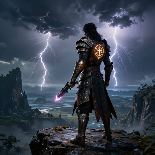 Digital fantasy art: Silhouetted warrior in detailed armor with glowing pentagram, standing on rocky cliff, facing lightning-filled stormy sky over a