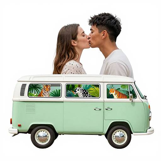 Couple Kissing Behind VW Camper with Jungle Animal Illustrations
